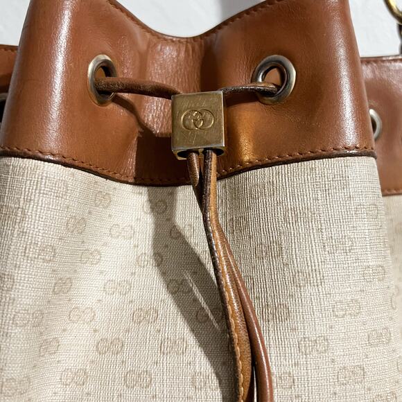 Vintage Gucci Bucket Bag Micro GG Monogram Logo Ivory Cream Brown 80's - Picture 4 of 11
